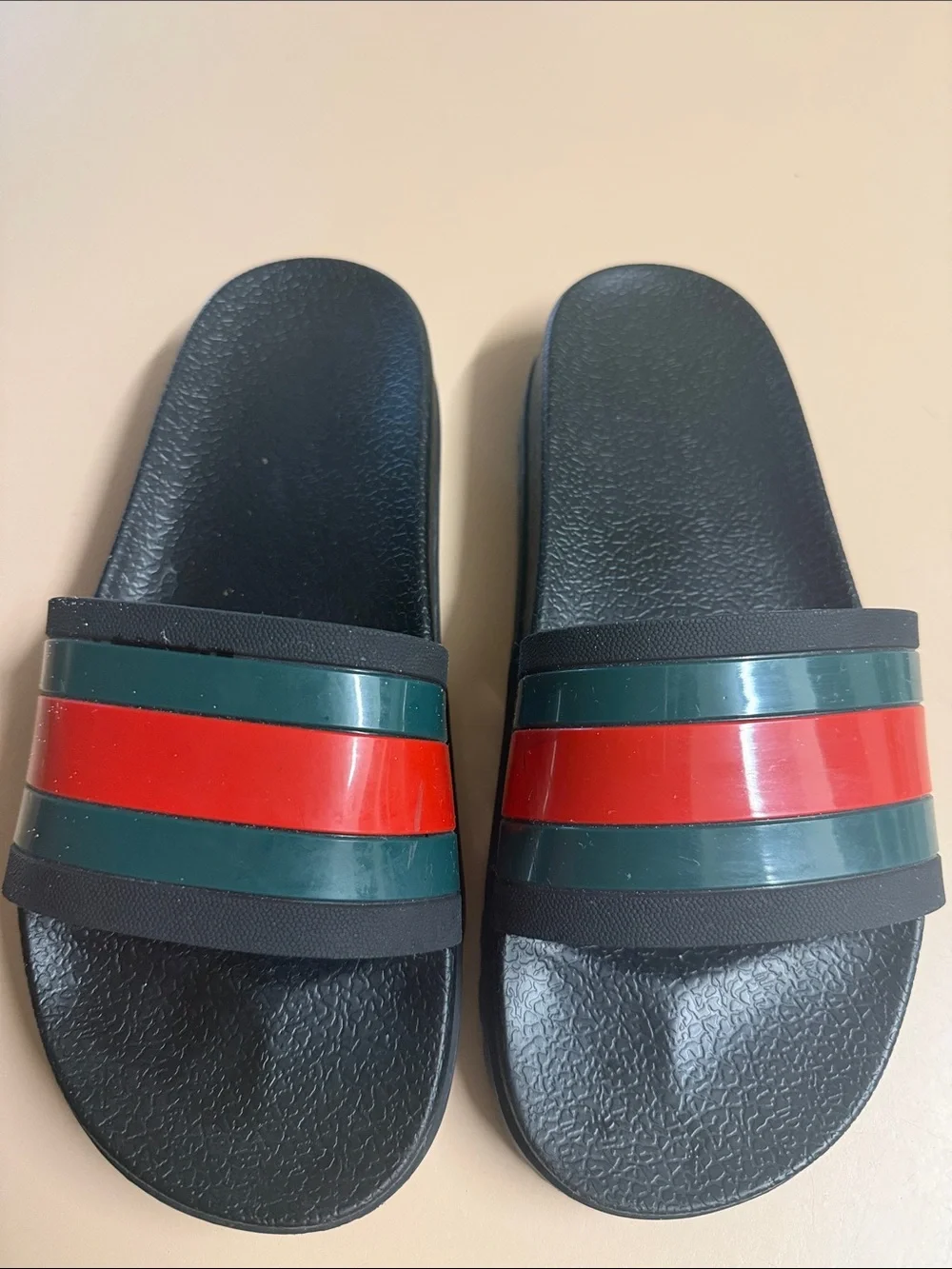 Gucci Black Slide Sandals with Red and Green Stripes